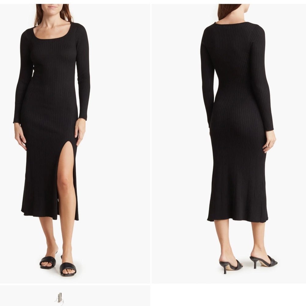 H&M Black Rib Knit Midi Long Sleeve Slit Dress XL